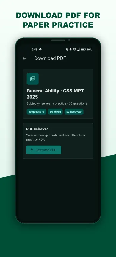 PDF download screen for CSS MPT practice