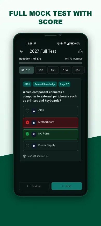 CSS MPT quiz screen with answer checking